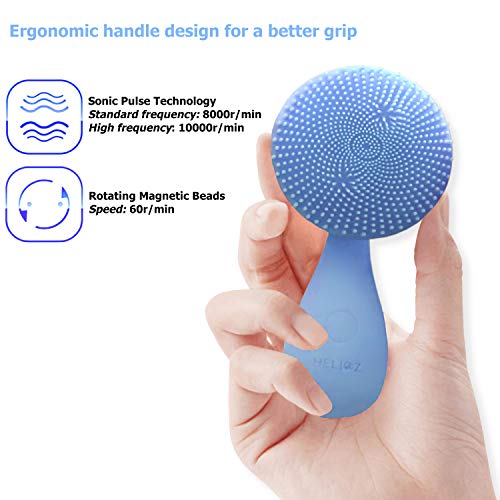 HELIOZ Ultrasónico【Nuevo】Limpiador Facial Eléctrico de Silicona Orgánica, Filamentos Extra Suaves, Recargable Magnético e Impermeable, Masajeador Antiedad (Azul)