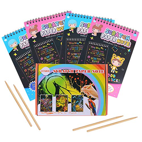 HellDoler Manualidades para Niños,Manualidades para Rascar Scratch Art 4 Cuadernos para Dibujar Papel de Rascar Incluye 4 Lápices de Madera