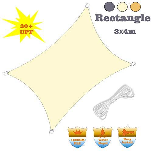 HENG FENG Toldo Vela de Sombra PES Rectangular 3 x 4 m Protección Rayos UV Impermeable Resistente a la Intemperie para Patio Exteriores Jardín Color Beige