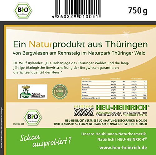 Heno de Heinrich® 750 g Premium – Bio – Berg WIESEN – kräut erheu desde el Parque Natural Bosque de Turingia