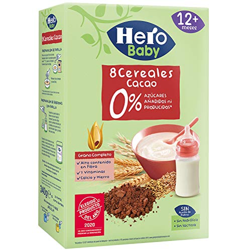 Hero Baby - Papilla de 8 Cereales con Cacao sin Azúcares Añadidos, para Bebés a Partir de los 12 Meses - Pack de 6 x 340 g