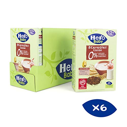 Hero Baby - Papilla de 8 Cereales con Cacao sin Azúcares Añadidos, para Bebés a Partir de los 12 Meses - Pack de 6 x 340 g