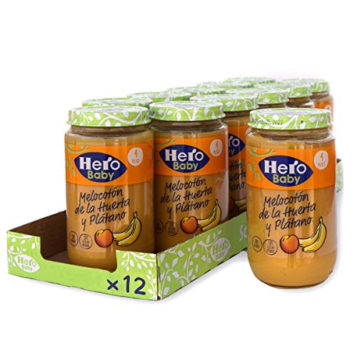 Hero Baby - Tarrito de Melocotón de la Huerta y Plátano, Ingredientes Naturales, para Bebés a Partir de los 4 Meses - Pack de 12 x 235 g