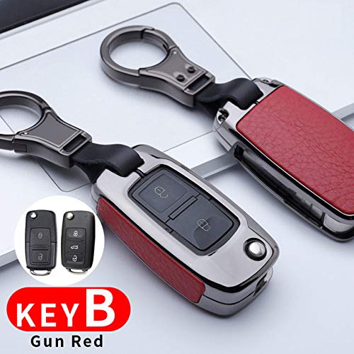 HEZHOUJI Funda de Cuero para Llave de Coche, para VW Bora Jetta Polo Golf Lavida Passat Tiguan Skoda Octavia A5 Fabia Ibiza, Key B Gun Red