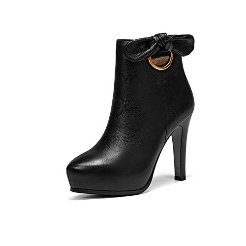 HFCIUD Botines De Piel para Mujer,Negro Versión Coreana De Otoño E Invierno Bajo Plataforma Impermeables De Cuero Botas Botas Children's Arcos De Tacón Alto Señaló Martin Botas@38