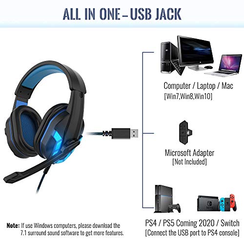 HIFI WALKER Cascos Gaming con Micrófono y Control de Volumen, Auriculares USB para PS4, Computadora Portátil, Tableta, PC