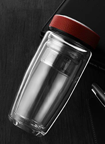 Hivexagon Botella de Té de Cristal de Pared Doble 360ml / Botella Infusora de Café con Filtro de Acero Inoxidable, Frío/Bebida Caliente HG302
