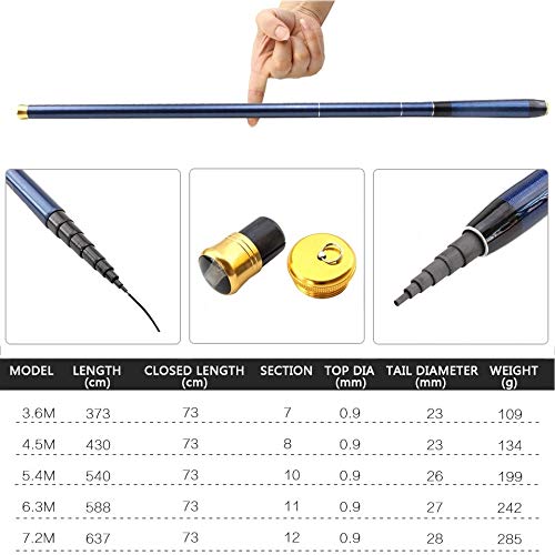 HKHJN 3,6 m 4,5 m 5,4 m 6,3 m 7,2 m caña de Pescar telescópica Azul de Ultra caña de Pescar de Fibra de Carbono Duro Carpa Pesca alimentador Mano Polo (Color : Blue, Size : 7.2 M)