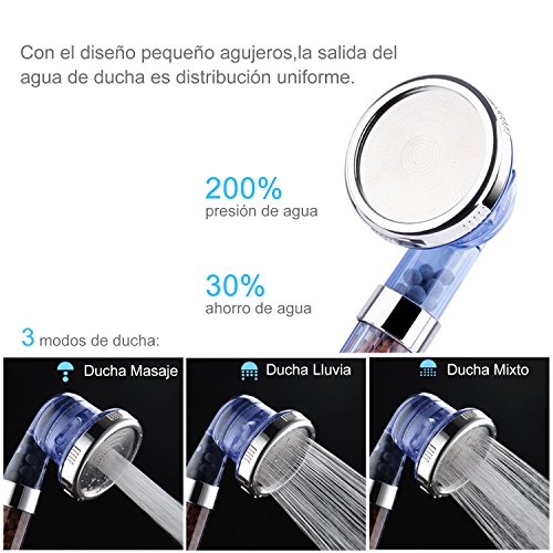 HogarTech Cabeza de Ducha de Mano, Cabeza de Ducha Iónico de Filtración con Alta Presiòn, 3 Modos de Ducha Desmontable Portátil Cabeza de Ducha con Manguera