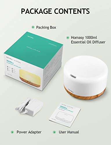 Homasy 1000ml Difusor de Aromas, Humidificador Aceites Esenciales, Luz Nocturna de 14 Colores con Ajuste de Temporizador, para Dormitorio, Sala de Estar