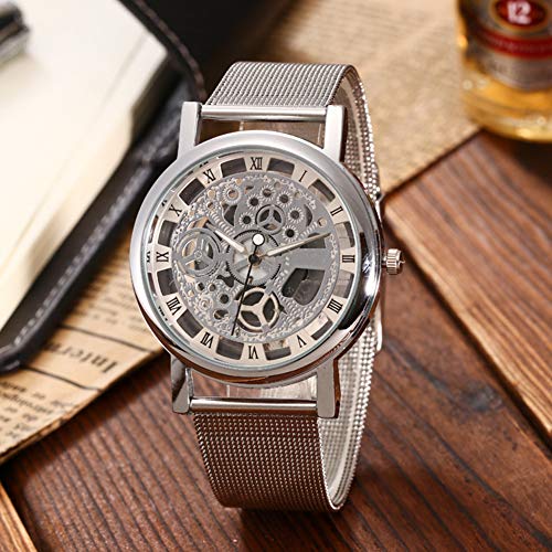 Hombres mecánico Ocasional clásico Reloj de Pulsera Hueco Maestra de Cosecha telefónico Grabado Reloj analógico de aleación Brazalete de Pulsera Informal batería incorporada de Plata