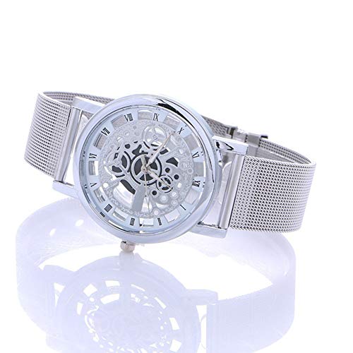 Hombres mecánico Ocasional clásico Reloj de Pulsera Hueco Maestra de Cosecha telefónico Grabado Reloj analógico de aleación Brazalete de Pulsera Informal batería incorporada de Plata
