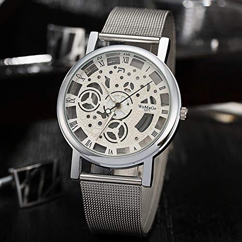 Hombres mecánico Ocasional clásico Reloj de Pulsera Hueco Maestra de Cosecha telefónico Grabado Reloj analógico de aleación Brazalete de Pulsera Informal batería incorporada de Plata