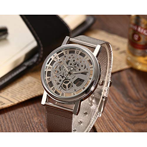 Hombres mecánico Ocasional clásico Reloj de Pulsera Hueco Maestra de Cosecha telefónico Grabado Reloj analógico de aleación Brazalete de Pulsera Informal batería incorporada de Plata