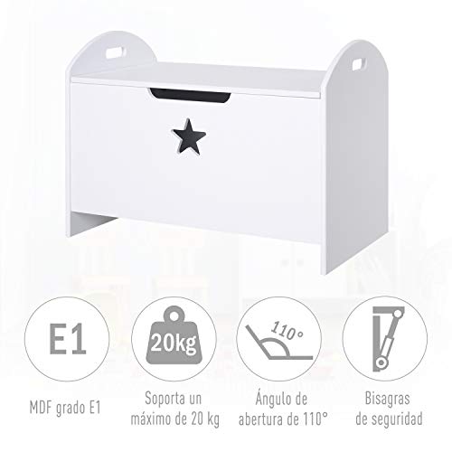HOMCOM Baúl de Almacenaje Organizador de Juguete de Niño Tapa Reversible Diseño con Seguridad Amplio Espacio Carga 20 kg 62x40x46,5 cm Blanco