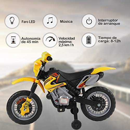 HOMCOM Moto Electrica Infantil Bateria 6V Recargable Niños 3-6 Años Cargador y Ruedas Apoyo Color Amarillo