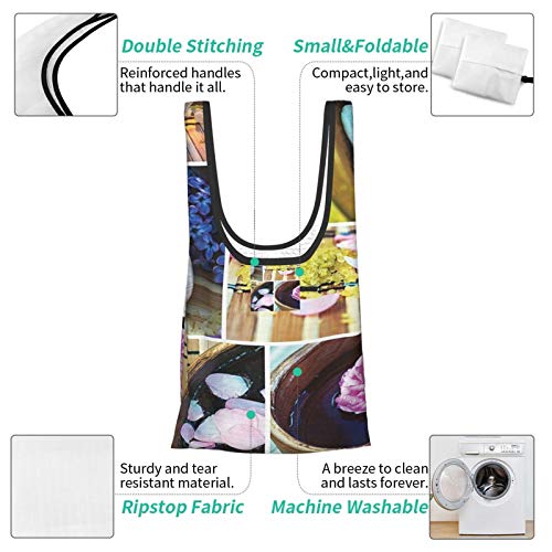 Home Decor Spa Organic Cosmetics Theme Wooden Bowl Petals Lavender Candle Pebbles Therapy Oils Image Purple Brown Reusable Fold Eco-Friendly Shopping Bags