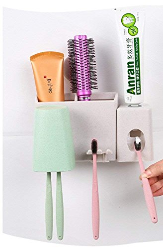 HomeYoo Dispensador automático de Pasta de Dientes y Conjunto de portacepillos de Dientes, Tallo de Trigo Soporte de Pared Exprimidor de Aerosol Enjuague Copas Cepillo Tragamonedas (2 Tazas)