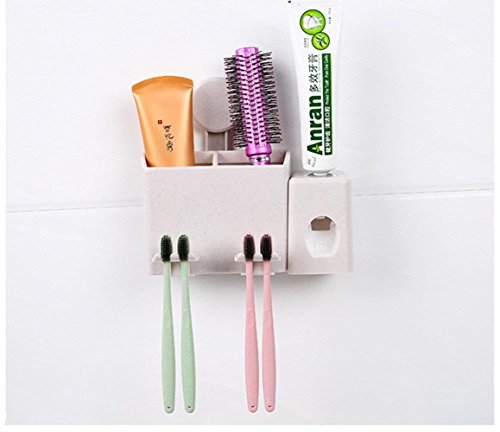 HomeYoo Dispensador automático de Pasta de Dientes y Conjunto de portacepillos de Dientes, Tallo de Trigo Soporte de Pared Exprimidor de Aerosol Enjuague Copas Cepillo Tragamonedas (2 Tazas)