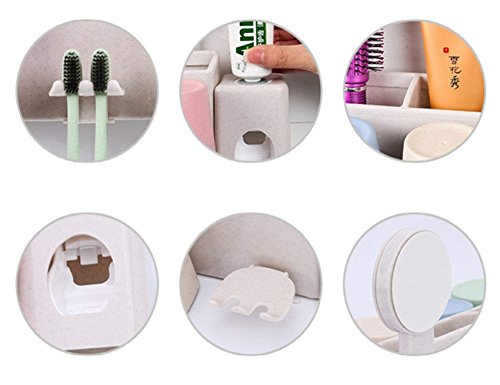 HomeYoo Dispensador automático de Pasta de Dientes y Conjunto de portacepillos de Dientes, Tallo de Trigo Soporte de Pared Exprimidor de Aerosol Enjuague Copas Cepillo Tragamonedas (2 Tazas)