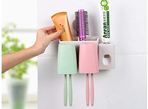 HomeYoo Dispensador automático de Pasta de Dientes y Conjunto de portacepillos de Dientes, Tallo de Trigo Soporte de Pared Exprimidor de Aerosol Enjuague Copas Cepillo Tragamonedas (2 Tazas)