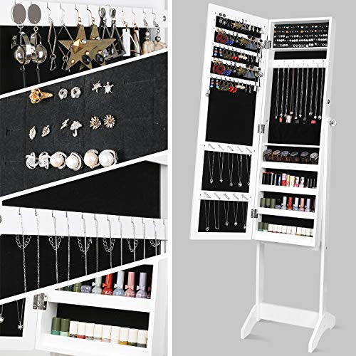 Homfa Armario de Espejo de Joyería Espejo Joyero de Pie para Joyas 42x36.5x152cm Blanco