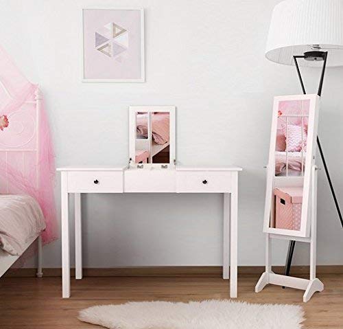 Homfa Armario de Espejo de Joyería Espejo Joyero de Pie para Joyas 42x36.5x152cm Blanco