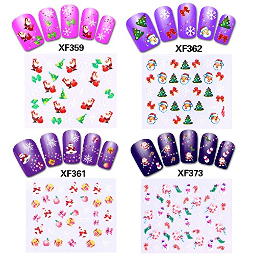 Howaf Navidad 3D Nail Art Stickers Calcomanías (20 Hojas), Navidad Papá Noel Reno Copo De Nieve Pegatina uñas Calcomanías autoadherentes Nail Art Decoración DIY Etiqueta