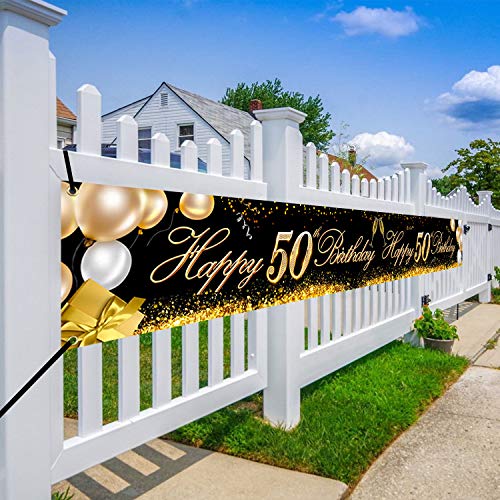 HOWAF Súper Grande Feliz 50 Cumpleaños Pancarta para 50 Años Cumpleaños Decoración Negro y Oro, 50 Cumpleaños Foto Prop Fondo Pancarta de Tela para Jardín Mesa Pared Decoración, 9 * 1.2 Pies