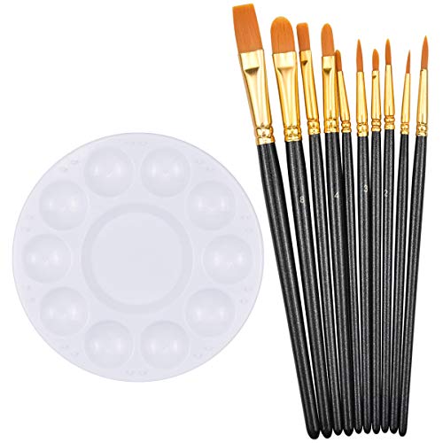 HQdeal Set de Pinceles, 10 Piezas Pinceles Acrilico con Paleta de Mezclas, Pinceles de Pintura, Pinceles para Pintura de Acuarela para Artistas Pintura de Revestimiento Manualidades niños