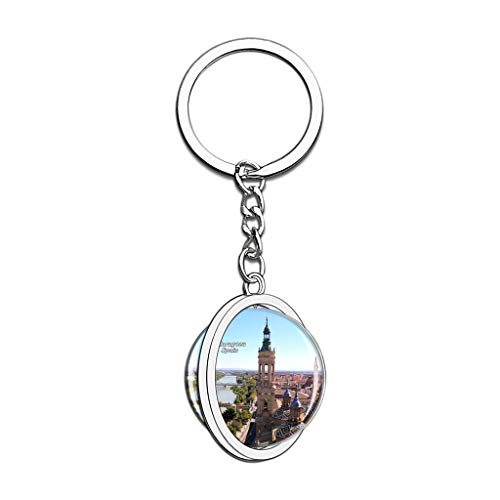 Hqiyaols Keychain España Catedral del Pilar Zaragoza Cristal Girar Acero Inoxidable Llavero Viajes Ciudad Recuerdo Llavero