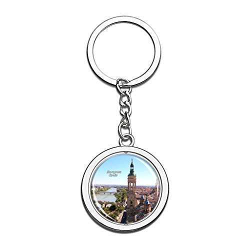 Hqiyaols Keychain España Catedral del Pilar Zaragoza Cristal Girar Acero Inoxidable Llavero Viajes Ciudad Recuerdo Llavero