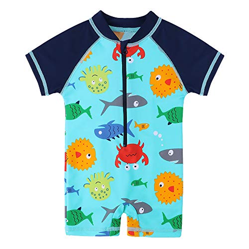 HUAANIUE Traje de baño para niños pequeñas Traje de baño de Manga Corta Traje de baño de una Pieza Zip Rash Guard Protección Solar Traje de baño UPF 50+ Natación Bañarse Ropa de Playa
