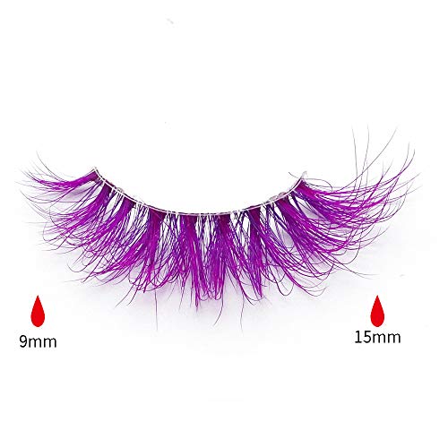 Huapan Pestañas Postizas de Color de Visón Artificial 3D para Halloween, Kit de Pestañas Falsas Largas Coloridas Naturales Reutilizables para Fiestas Bailes (2 Pares) (Púrpura oscura/púrpura)