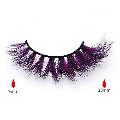 Huapan Pestañas Postizas de Color de Visón Artificial 3D para Halloween, Kit de Pestañas Falsas Largas Coloridas Naturales Reutilizables para Fiestas Bailes (2 Pares) (Púrpura oscura/púrpura)