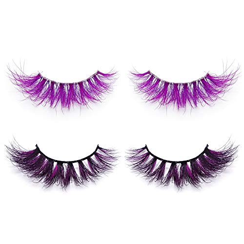 Huapan Pestañas Postizas de Color de Visón Artificial 3D para Halloween, Kit de Pestañas Falsas Largas Coloridas Naturales Reutilizables para Fiestas Bailes (2 Pares) (Púrpura oscura/púrpura)