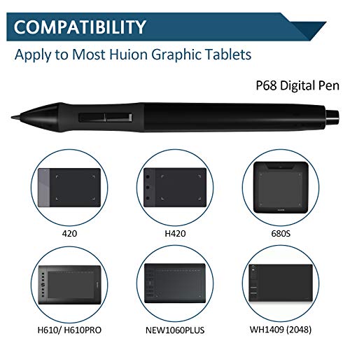 Huion P68 Bolígrafo Digital de Batería Lápiz Digital, 2048 Lápiz óptico de Sensibilidad a la Presión para Tableta de Dibujo Gráfica Inalámbrica Profesional (Negro)