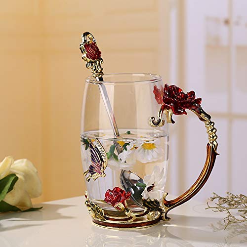 HUISHENG Esmaltes Taza Te Flor Mariposa,Mug Café Vidrio Cuchara, Regalos Navidad Cumpleaños Aniversario Originales para Mujer Mama Madre Abuela Maestra Novia Niñas Amigas (rojo)