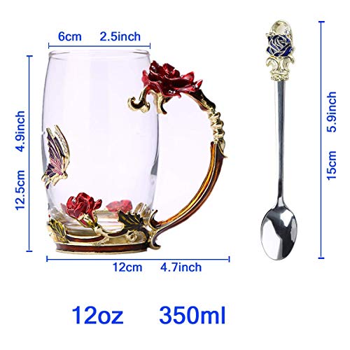 HUISHENG Esmaltes Taza Te Flor Mariposa,Mug Café Vidrio Cuchara, Regalos Navidad Cumpleaños Aniversario Originales para Mujer Mama Madre Abuela Maestra Novia Niñas Amigas (rojo)