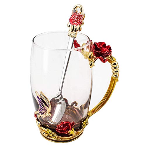 HUISHENG Esmaltes Taza Te Flor Mariposa,Mug Café Vidrio Cuchara, Regalos Navidad Cumpleaños Aniversario Originales para Mujer Mama Madre Abuela Maestra Novia Niñas Amigas (rojo)