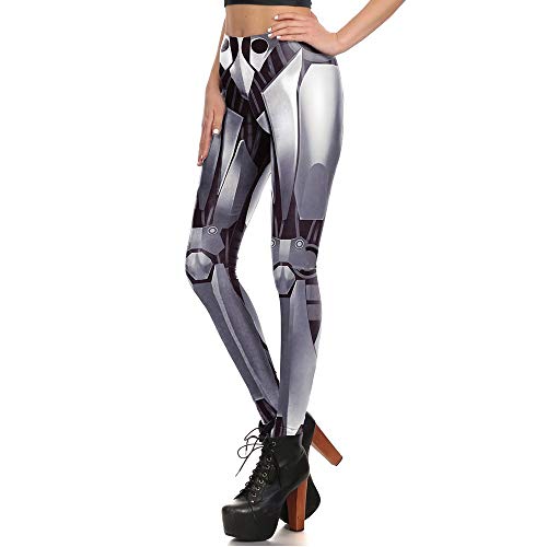 HUXIZ Leggings Estampados para Mujer, Moda 3D impresión Digital Rendimiento Ropa Plata Mech Warrior Leggings Ajustados Gris Casual Cinturón Hebilla Patrón Fitness para Mujer, Plateado, X-Large