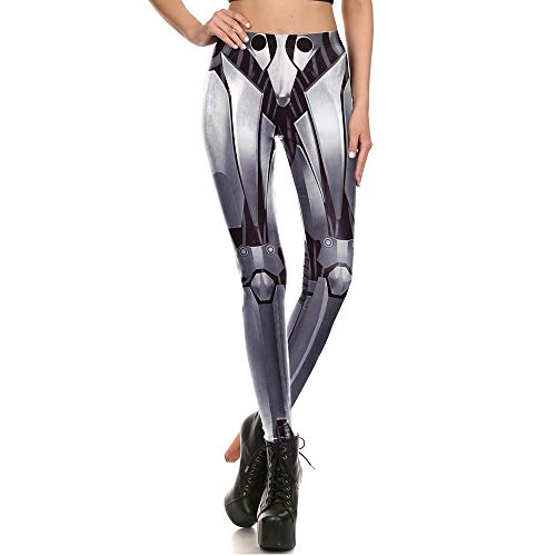 HUXIZ Leggings Estampados para Mujer, Moda 3D impresión Digital Rendimiento Ropa Plata Mech Warrior Leggings Ajustados Gris Casual Cinturón Hebilla Patrón Fitness para Mujer, Plateado, X-Large