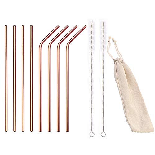 HYCOPROT Pajitas Reutilizables,Pajita de Acero Inoxidable Metal Reutilizable para Batidos jugos y Bebidas Calientes Sin BPA 8pcs/Set(Oro Rosa,26.5cmxØ 0.6cm,4recto+4doblado+2xCepillos+1xBolsa)