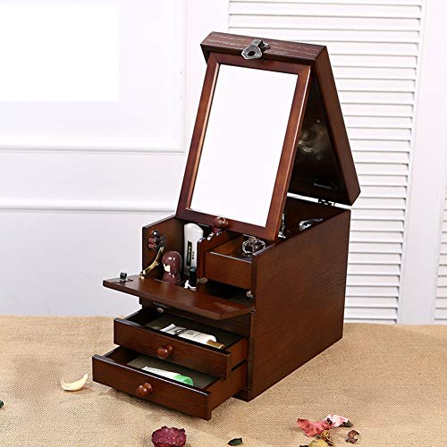 HYJMJJ Gran Joyero De Madera, Vitrinas De Cosméticos, Caja De Almacenamiento De Espejo Retro De Madera Maciza De 3 Capas, Regalo De Boda De Cumpleaños
