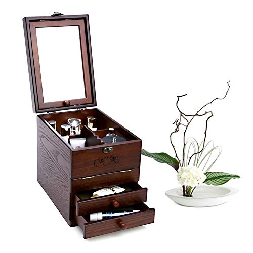 HYJMJJ Gran Joyero De Madera, Vitrinas De Cosméticos, Caja De Almacenamiento De Espejo Retro De Madera Maciza De 3 Capas, Regalo De Boda De Cumpleaños