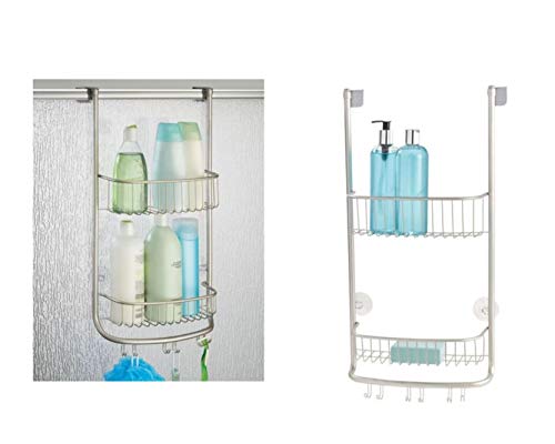 iDesign Organizador de ducha para colgar, pequeña estantería colgante de metal con 2 baldas y 3 ganchos dobles, cesta de ducha para la cabina de ducha, plateado