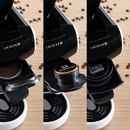 IKOHS Máquina de Café Espresso Italiano - Cafetera Multi Cápsulas Compatible Nespresso 3 en 1, 19 bares con 2 Programas de Café, deposito extraíble, 0,6 L, compacto, 1450 W, apagado automático Gris
