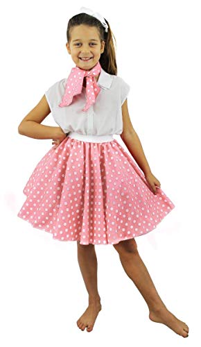 ILOVEFANCYDRESS Falda Y PAÑUELO para EL Cuello Rosa Claro con Puntos Blancos para Disfraz Infantil con DESEÑO DE Puntos Estilo AÑOS 50 Rock N Roll