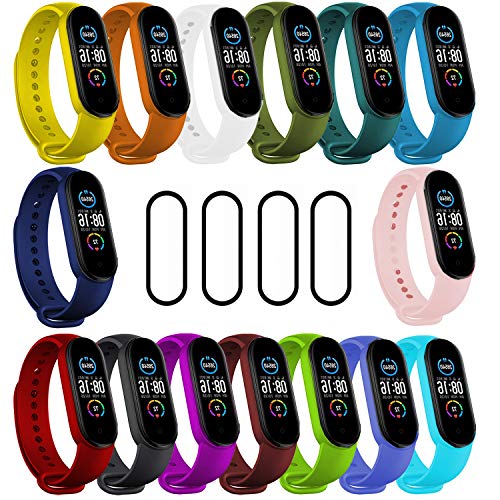 IMBZBK [19 Piezas] 15 Piezas Correas para Xiaomi Mi Band 5 + 4 Piezas TPU Protector Pantalla para Xiaomi Mi Band 5 Pulsera de Repuesto Colorida Pulsera de Silicona