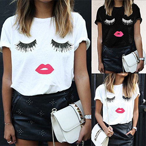 iMixCity Camiseta de Verano para Mujer Cute Labios Pestañas Impreso Manga Corta Tops Blusa Casual Señoras Camisetas de Algodón (4XL: 44/46, Negro)